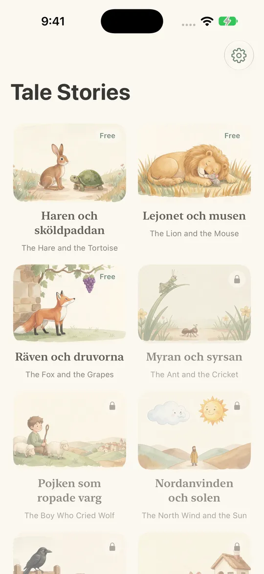 The Tale Stories bookshelf: painted book covers with Swedish titles and their English translations. Three are marked Free, the others show a small lock.