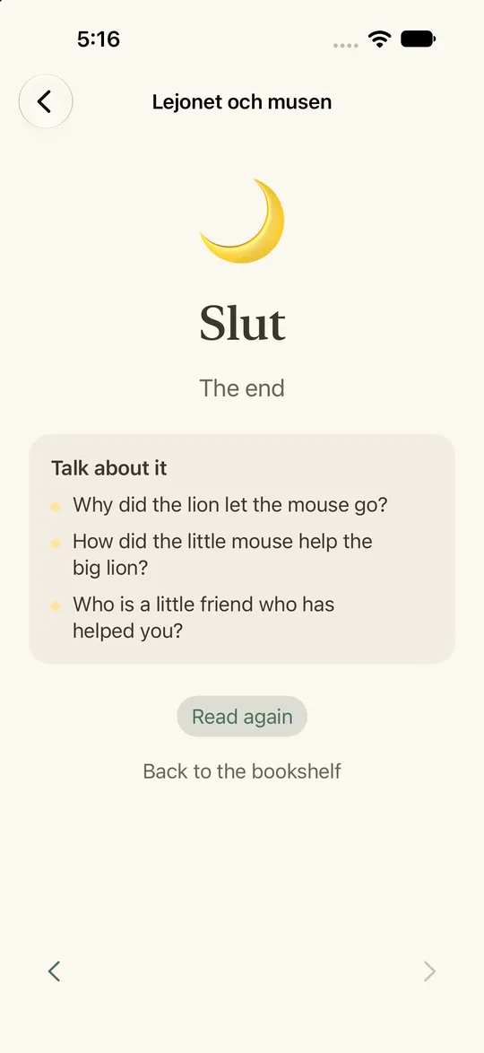The last page of the story about the lion and the mouse. Under the words Slut and The end, a card called Talk about it lists three questions, such as Why did the lion let the mouse go?